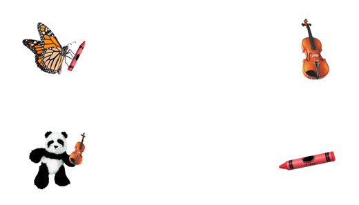 The butterfly is the target animal, the panda is the distractor animal, the crayon is the target instrument, and the violin is the distractor instrument.