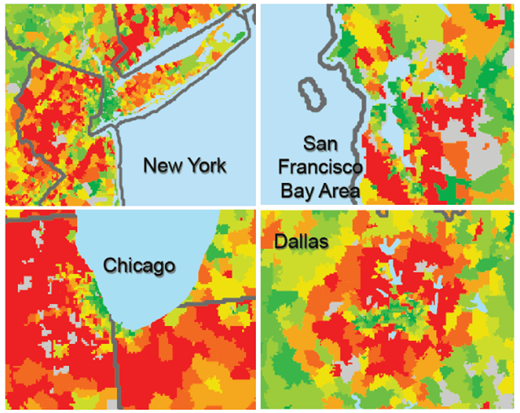Figure 5. The carbon footprint of U. S. urban areas at the zip-code level in one California and three other U. S. cities [21]. The interactive calculator and map is available at: http://coolclimate.berkeley.edu.maps. These color-scaled plots reveal the ‘carbon shadow’ of suburban consumption around often quite low-carbon urban cores.