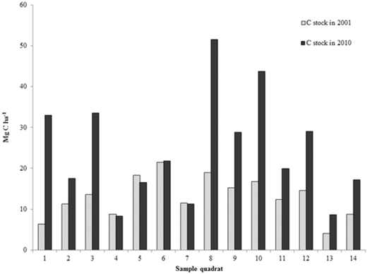 Figure 4. Carbon sequestration in a coffee cooperative over 10 years. Variations in carbon stocks reflect differences in agroforestry management. Source: Richards and Mendez [230].