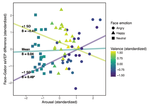 Figure 4. Regression of Face-Gabor ssVEP differences on stimulus arousal, valence, and the interaction between arousal and valence. A follow-up on the trend-level interaction between arousal and valence demonstrated a significant positive relationship between arousal and ssVEP differences, but only among more negatively valenced stimuli (i.e. angry faces). This suggests that participants devote more attentional resources to highly arousing (task-irrelevant) stimuli when they are negative, but that arousal has no influence on attention when viewing neutral or positive task-irrelevant stimuli.