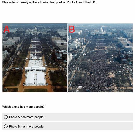 The photo on the left shows Trump’s 2017 presidential inauguration and the photo on the right shows Obama’s 2009 presidential inauguration. Adapted from Schaffner and Luks (2018).