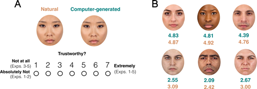 Note. Panel A: Example of the face rating task in Experiments 1, 2, 3, and 5. Only one face was shown at each trial, paired with only one of the labels. Panel B: Example of stimuli extracted from Experiment 3 that were rated, on average, as high (top row) or low (bottom row) in trustworthiness.