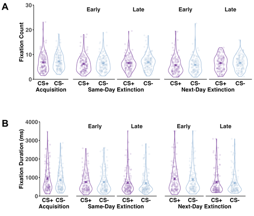 Note. Individual datapoints presented here are fixation count and fixation duration averaged for each participant per stimulus, time and conditioning phase. Filled circles denote mean of fixation count and fixation duration per stimulus, time and conditioning phase. Error bars denote standard error of the mean. Early = first 8 CS+/CS- trials; Late = last 8 CS+/CS- trials. MLM analyses indicated that significantly fewer fixations for the CS+ vs CS- were observed during acquisition and SDE but not NDE, and there were significantly fewer fixations throughout both early SDE and NDE than late SDE and NDE (A). There were significantly longer fixations for the CS+ vs CS- during acquisition, and fixation duration did not significantly vary in response to CS+ vs CS- during SDE or NDE or across early or late SDE, but there were significantly longer fixations throughout early than late NDE (B).