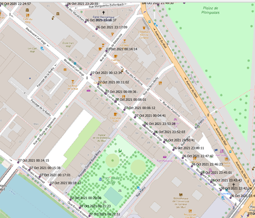 Screenshot of the passage of the vibrator trucks next to the University of Geneva, taken from software QGIS, with the SIG proprietary data superimposed to the official map of the canton of Geneva. Purple dots represent the data collection points of the vibrator trucks, while the date represents the date and time of each collection point, accurate to the second.