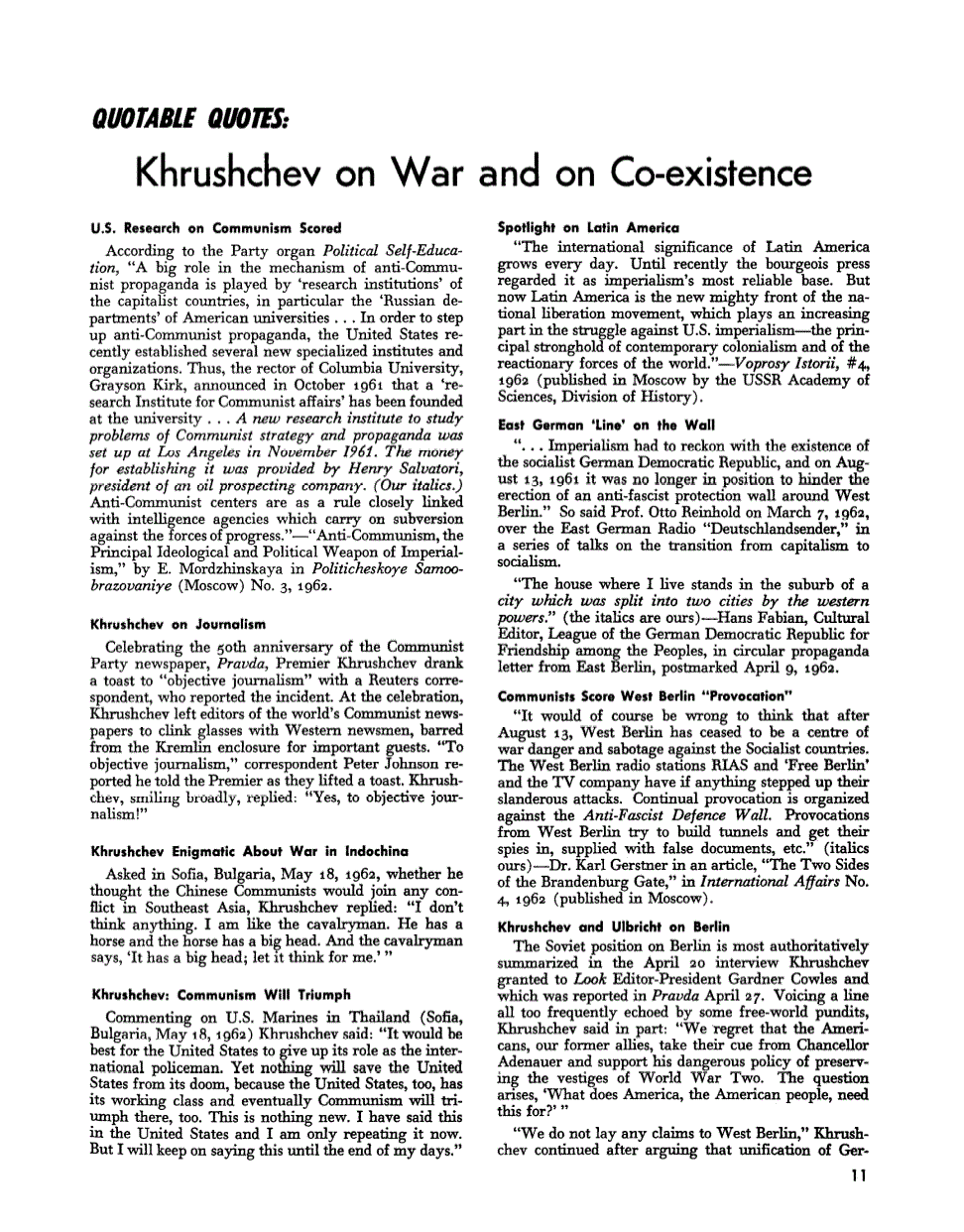 First page of Quotable Quotes: Khrushchev on War and on Co-Existence