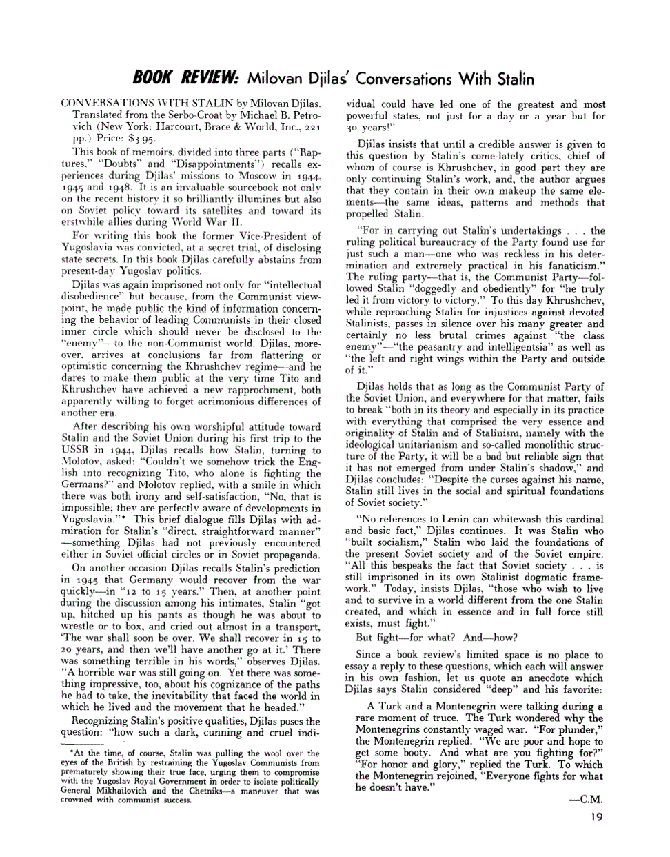 First page of Review: Milovan Djilas Conversations with Stalin, By Milovan Djilas