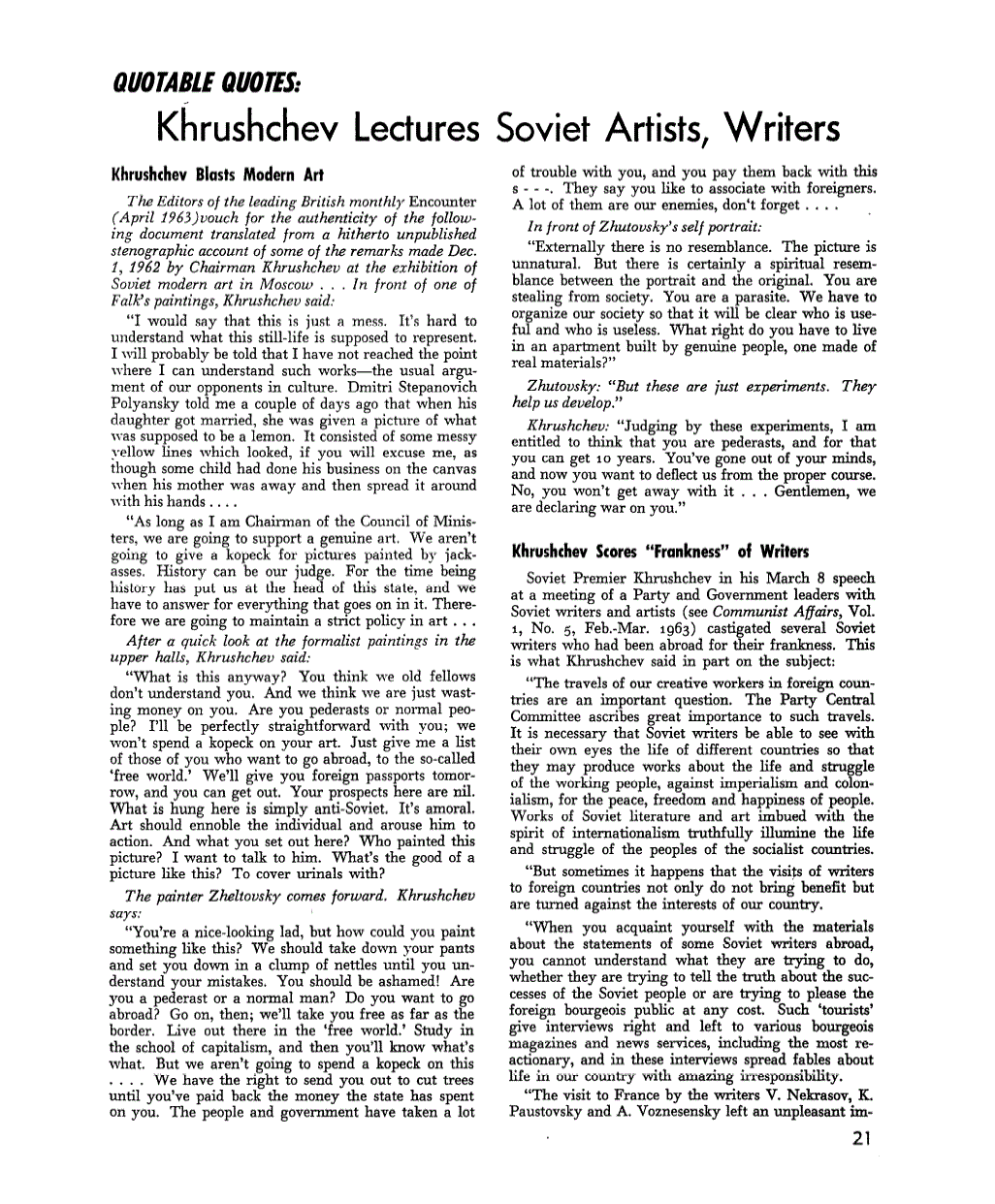 First page of Quotable Quotes: Khrushchev Lectures Soviet Artists, Writers