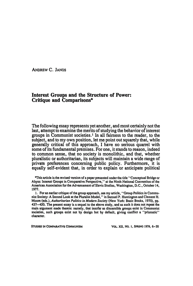 First page of Interest Groups and the Structure of Power: Critique and Comparisons*