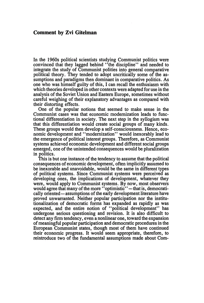 First page of Comment by Zvi Gitelman