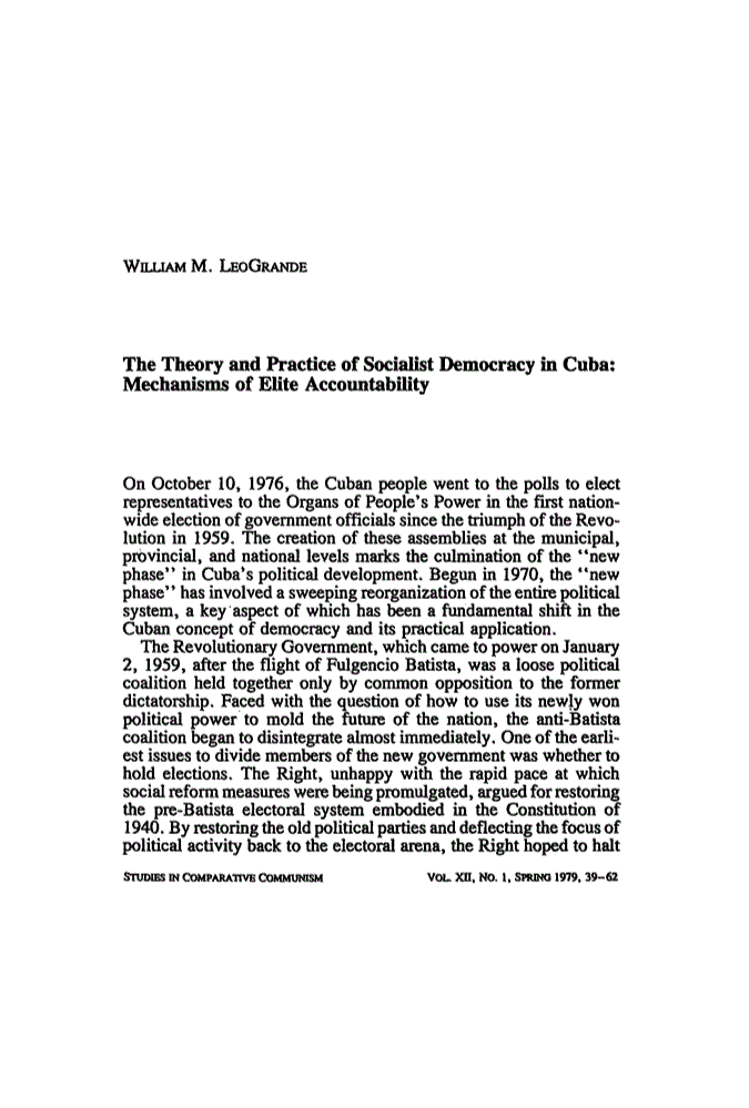 First page of The Theory and Practice of Socialist Democracy in Cuba: Mechanisms of Elite Accountability