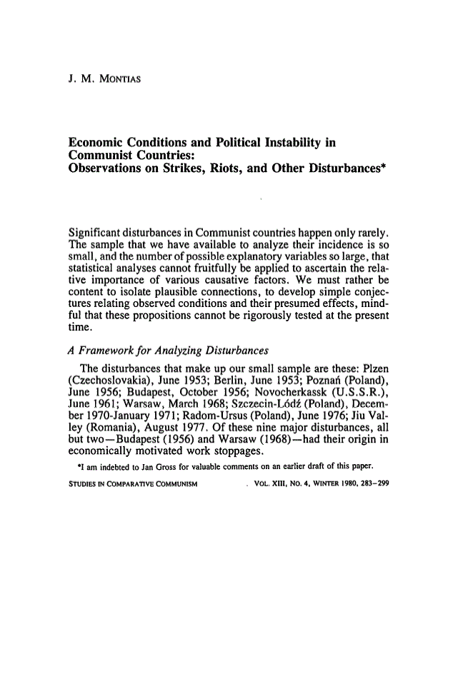 First page of Economic conditions and political instability in communist countries: Observations on strikes, riots, and other disturbances
