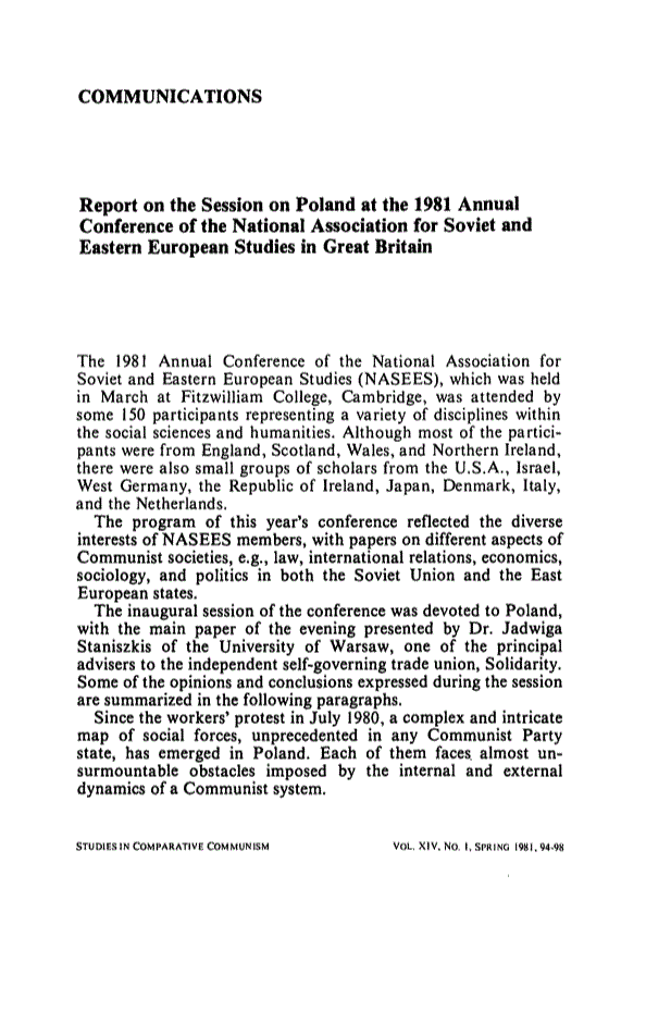 First page of Report on the Session on Poland at the 1981 Annual Conference of the National Association for Soviet and Eastern European Studies in Great Britain