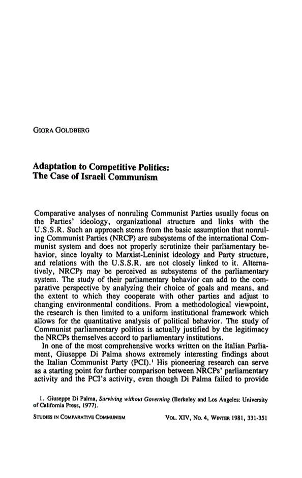 First page of Adaptation to Competitive Politics: The Case of Israeli Communism