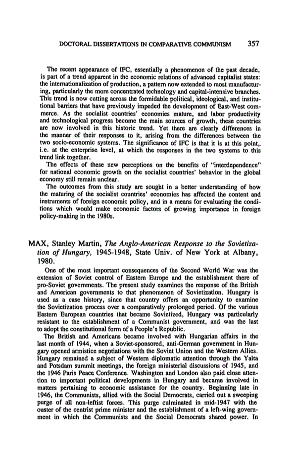 First page of The Anglo-American Response to the Sovietization of Hungary, By MAX, Stanley Martin