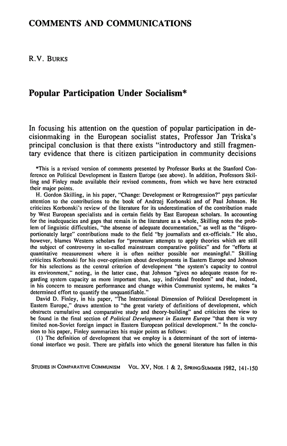 First page of Comment and Communication: Popular Participation Under Socialism