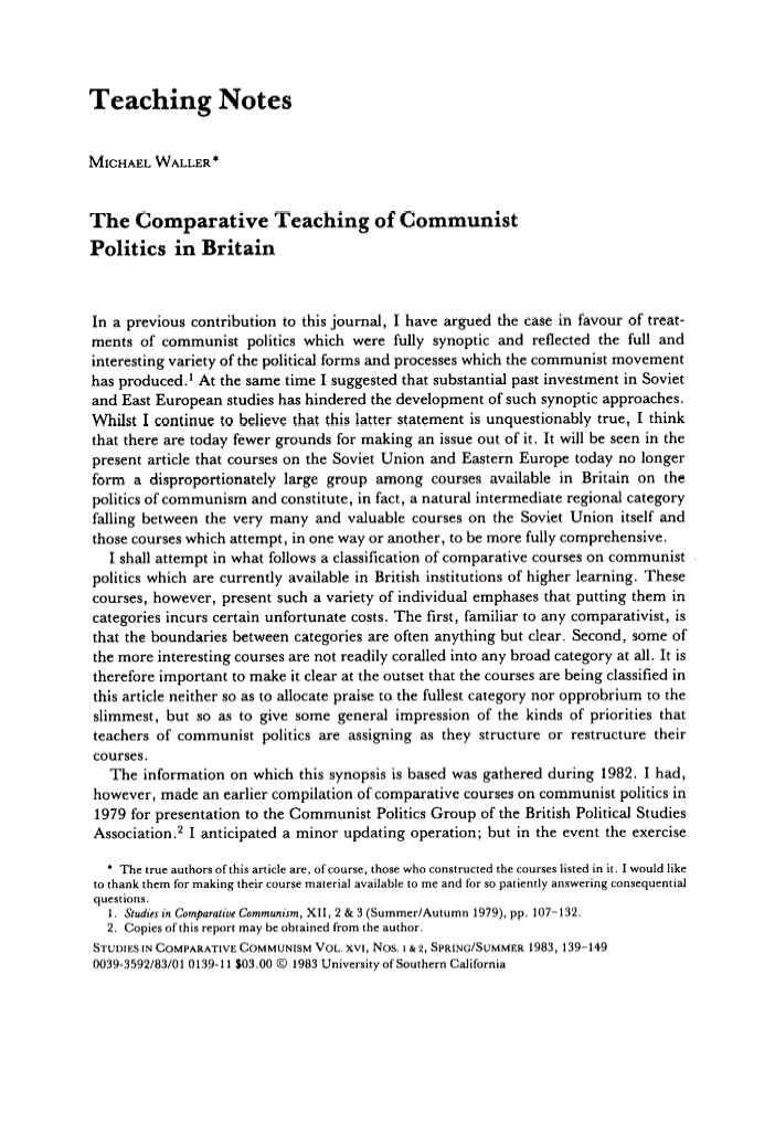 First page of The Comparative Teaching of Communist Politics in Britain