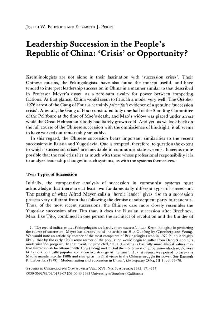 First page of Leadership Succession in the People's Republic of China: ‘Crisis’ or Opportunity?