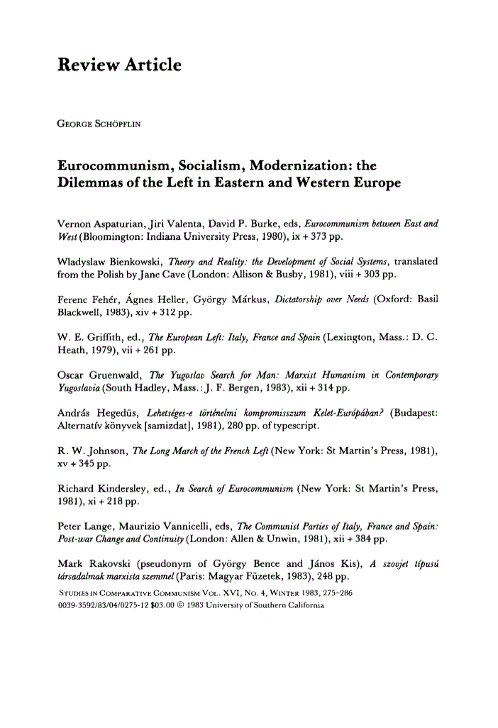 First page of Eurocommunism, Socialism, Modernization: The Dilemmas of the Left in Eastern and Western Europe