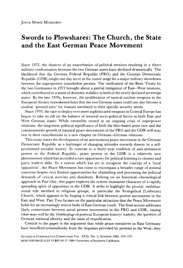 First page of Swords to Plowshares: The Church, the State and the East German Peace Movement