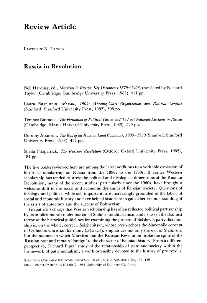 First page of Review: The Formation of Political Parties and the First National Elections in Rusia