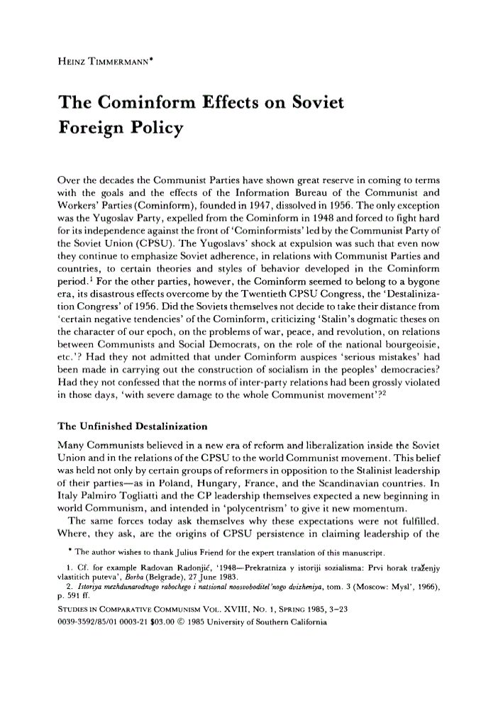 First page of The Cominform Effects on Soviet Foreign Policy