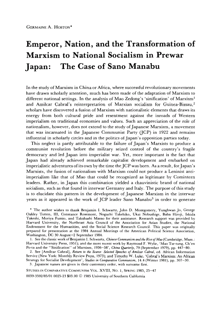First page of Emperor, Nation, and the Transformation of Marxism to National Socialism in Prewar Japan: The case of Sano Manabu