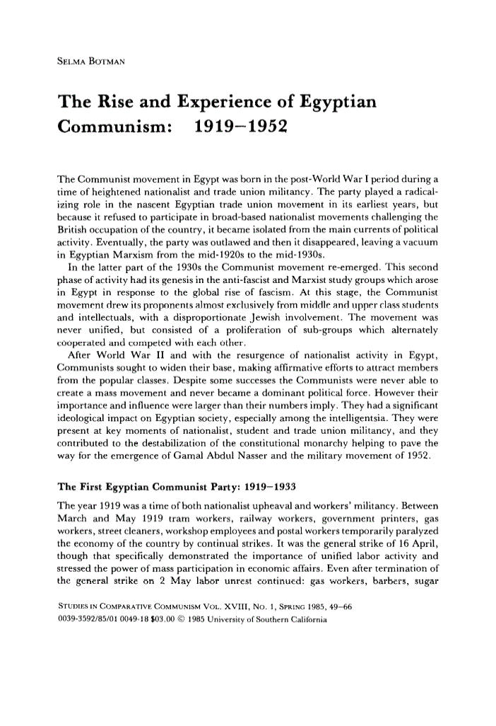 First page of The Rise and Experience of Egyptian Communism: 1919–1952