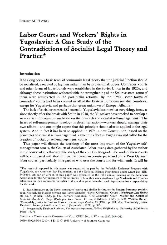 First page of Labor Courts and Workers' Rights in Yugoslavia: A Case Study of the Contradictions of Socialist Legal Theory and Practice*