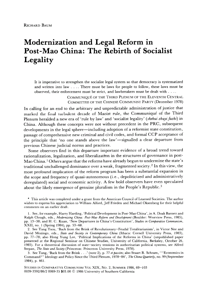 First page of Modernization and Legal Reform in Post-Mao China: The Rebirth of Socialist Legality