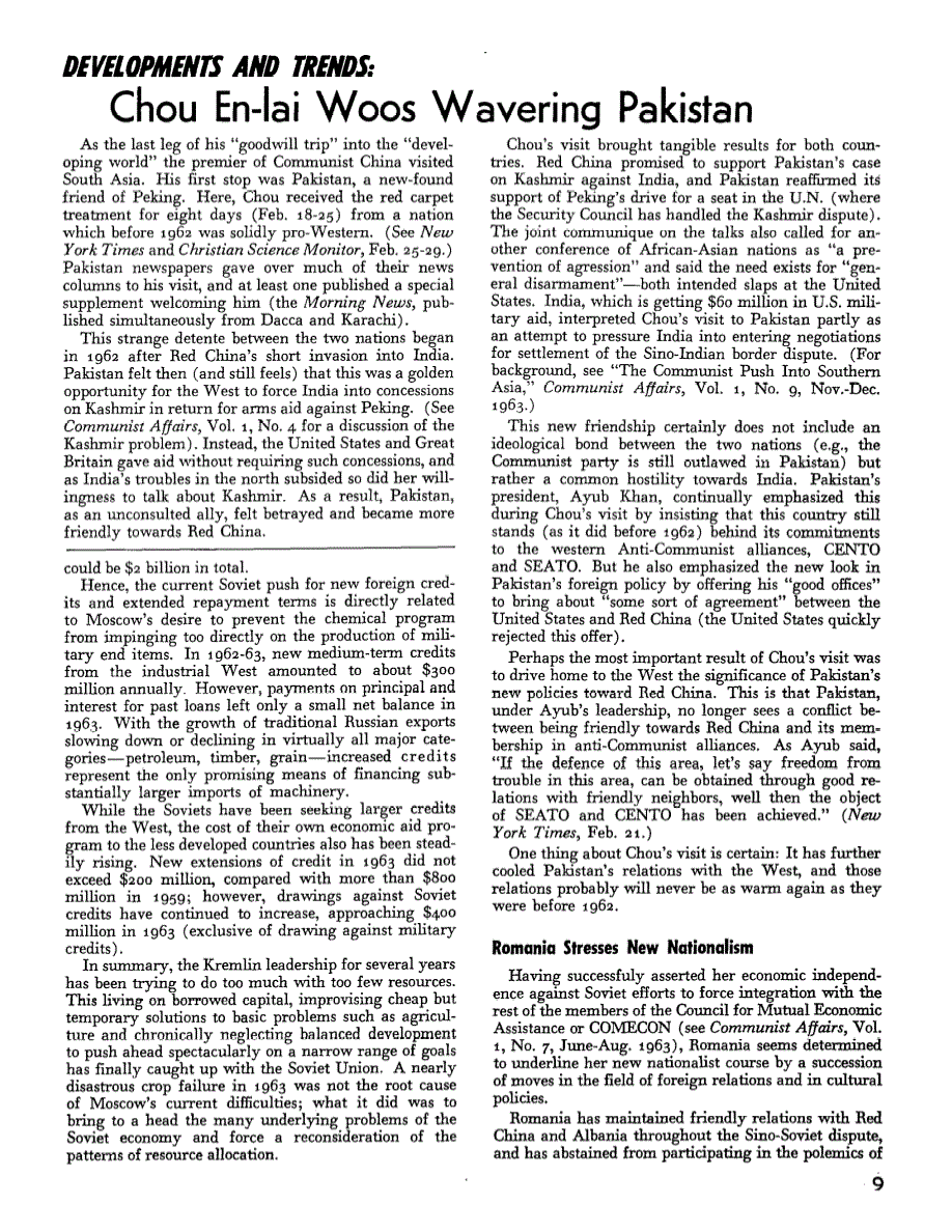 First page of Developments and Trends: Chou En-lai Woos Wavering Pakistan