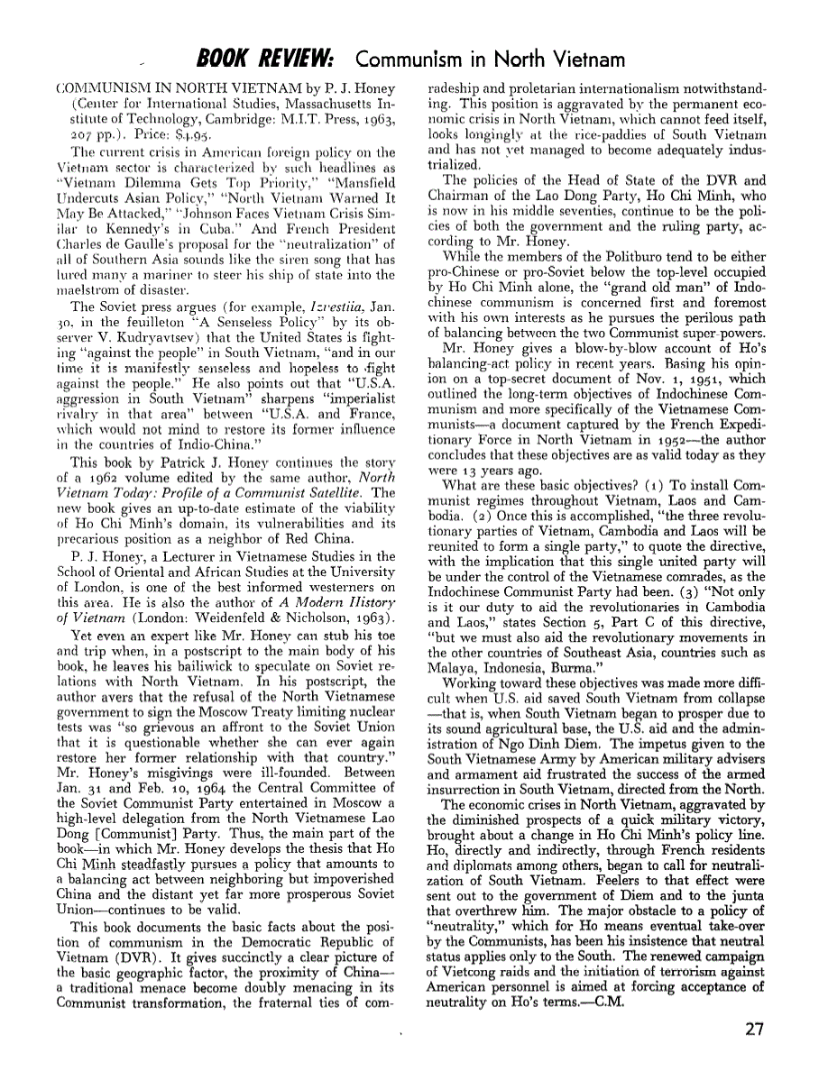 First page of Review: Communism in North Vietnam, by P. J. Honey