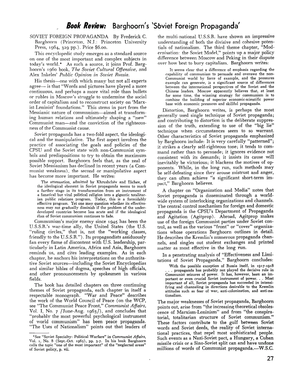 First page of Review: Barghoorn's “Soviet Foreign Propaganda’ , by Frederick C. Barghoorn
