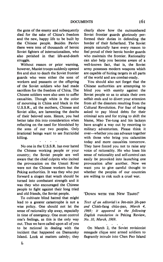 First page of Down with the New Tsars!: Text of an editorial in <italic>Jen-min jih-pao</italic> and <italic>Chieh-fang chün-pao</italic>, March 4, 1969; it appeared in the following English translation in <italic>Peking Review</italic>, No. 10, March, 1969