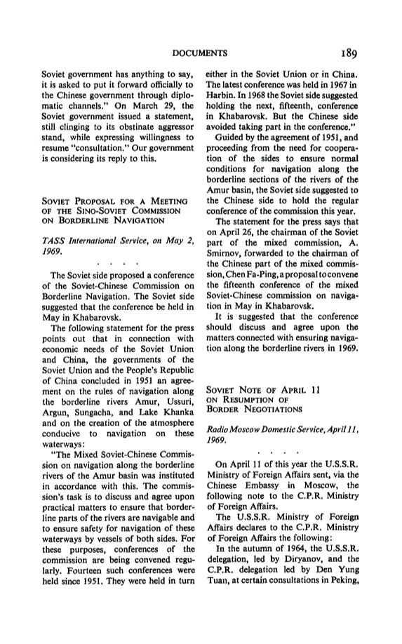 First page of Soviet note of April 11 on Resumption of Border Negotiations: Radio Moscow Domestic Service, April 11, 1969