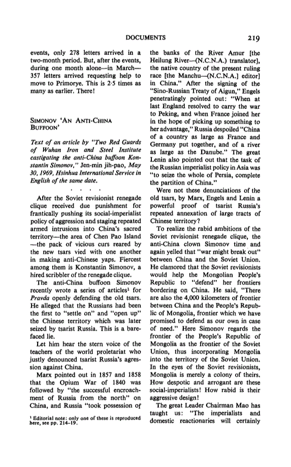 First page of Simonov ‘An anti-China buffoon’