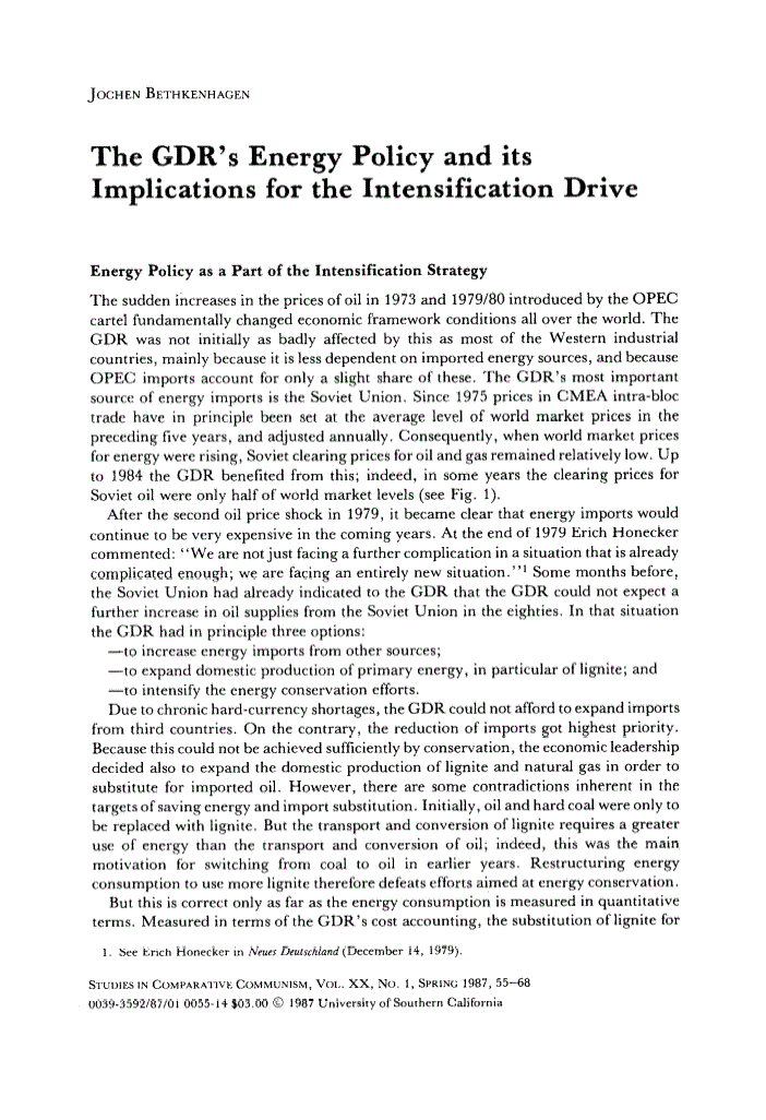First page of The GDR's Energy Policy and its Implications for the Intensification Drive