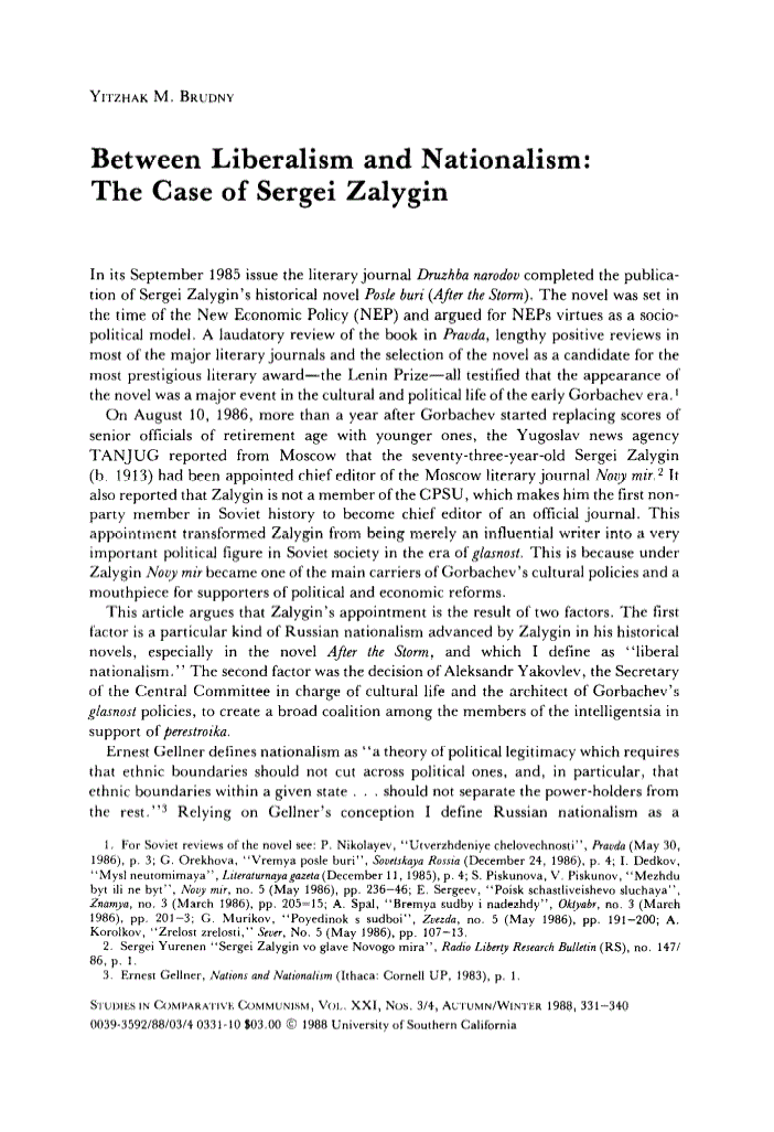 First page of Between Liberalism and Nationalism: The Case of Sergei Zalygin