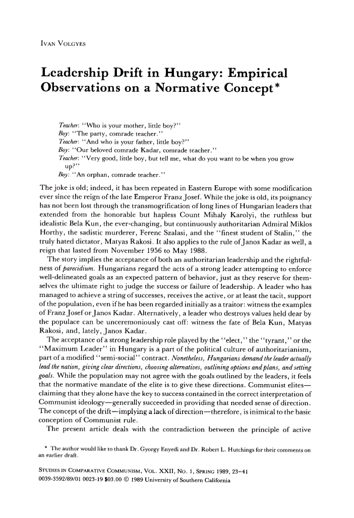 First page of Leadership Drift in Hungary: Empirical Observations on a Normative Concept*
