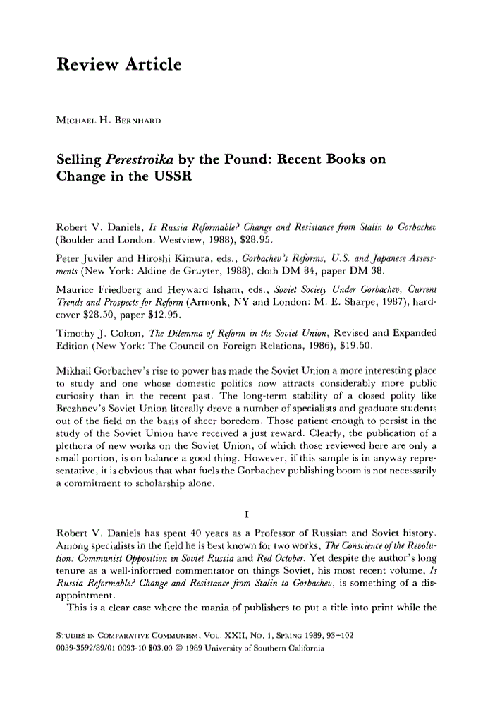 First page of Selling <italic>Perestroika</italic> by the Pound: Recent Books on Change in the USSR
