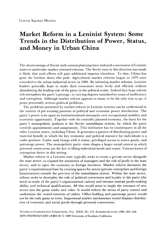 First page of Market reform in a Leninist system: Some trends in the distribution of power, status, and money in urban China