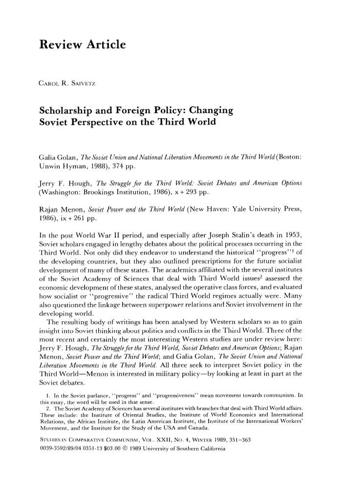First page of Scholarship and Foreign Policy: Changing Soviet Perspective on the Third World