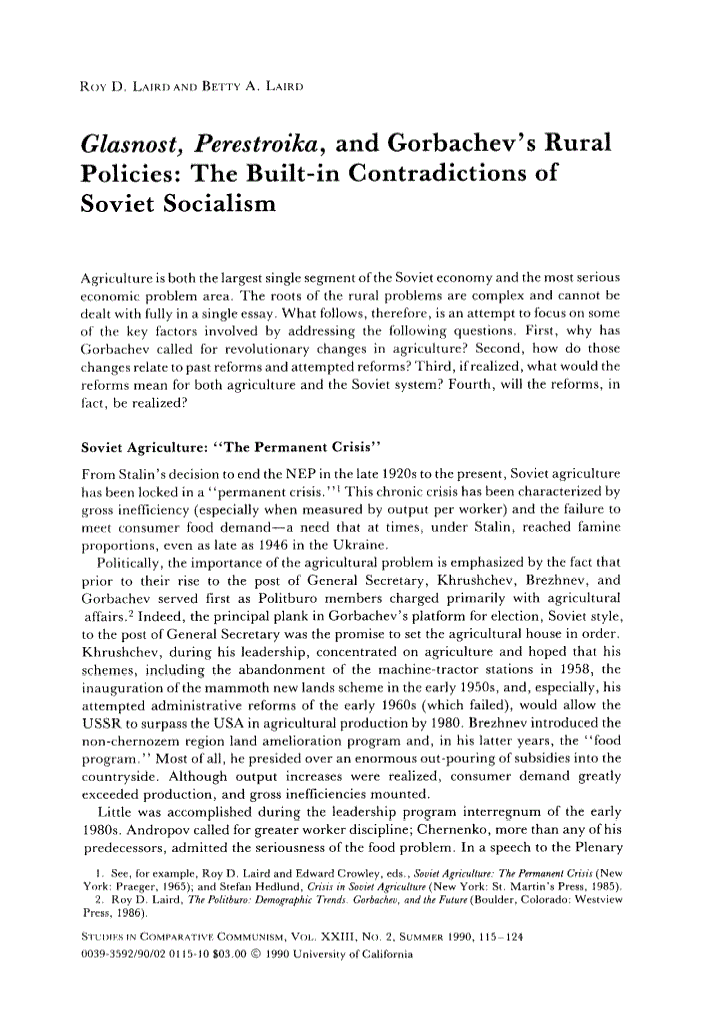 First page of <italic>Glasnost, Perestroika</italic>, and Gorbachev's Rural Policies: The Built-in Contradictions of Soviet Socialism