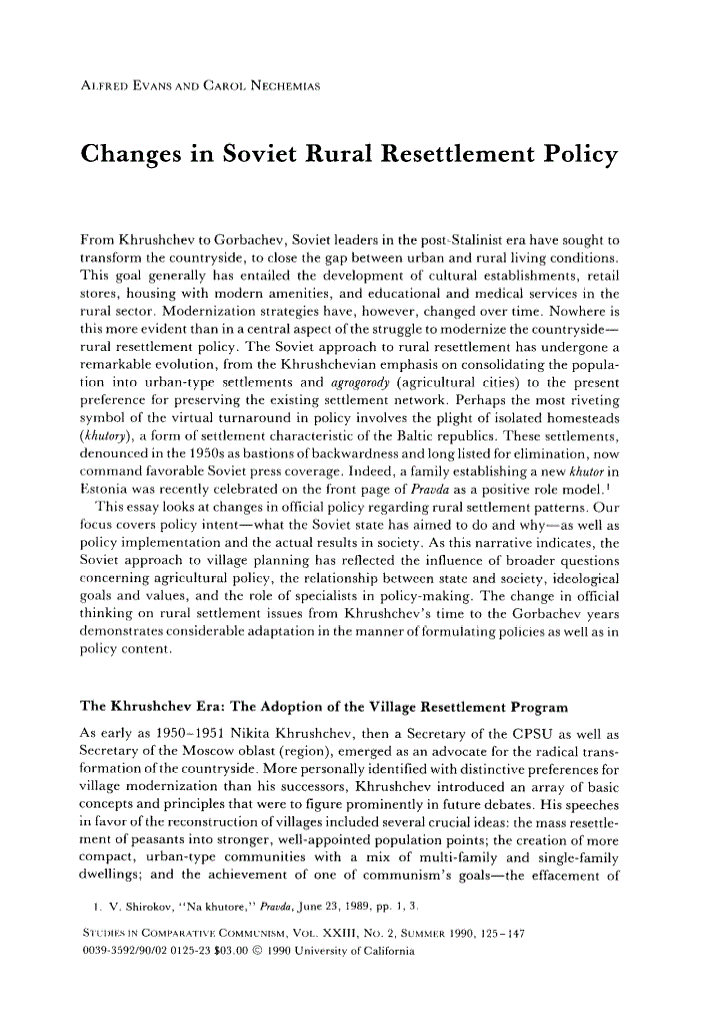 First page of Changes in Soviet Rural Resettlement Policy