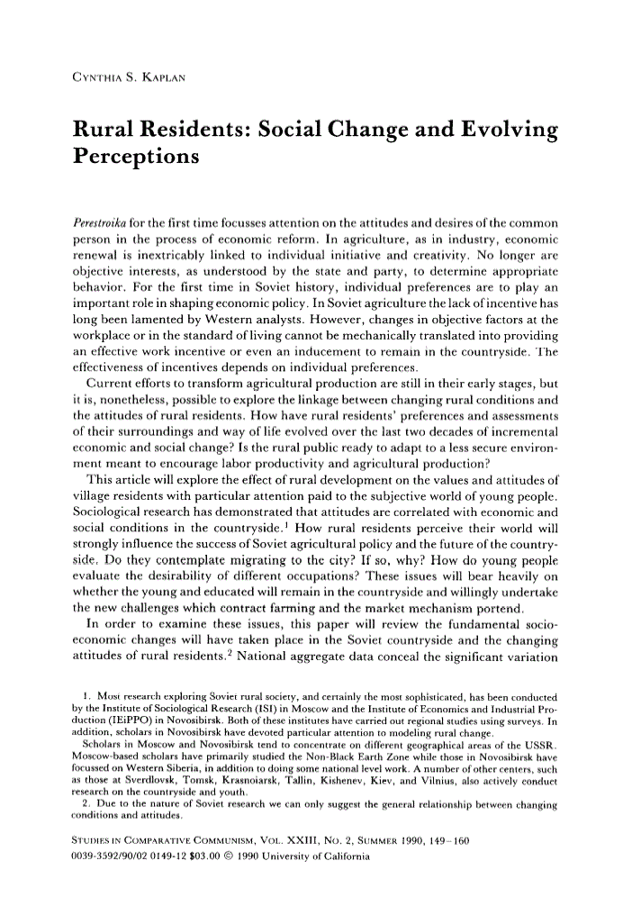 First page of Rural Residents: Social Change and Evolving Perceptions