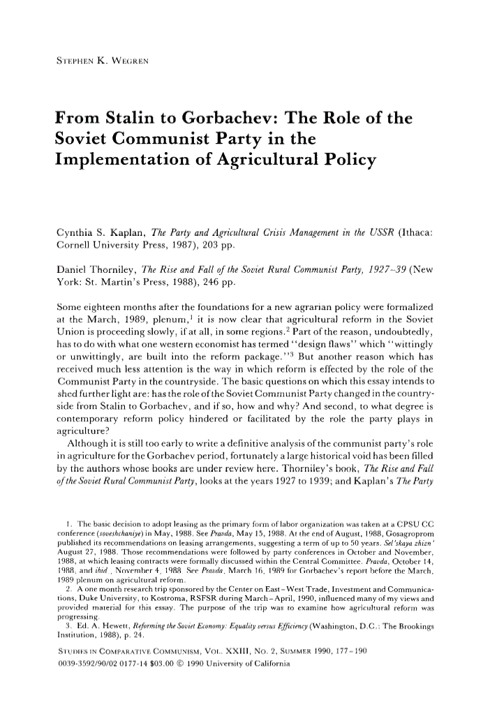 First page of From Stalin to Gorbachev: The Role of the Soviet Communist Party in the Implementation of Agricultural Policy