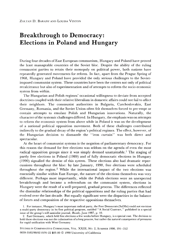 First page of Breakthrough to Democracy: Elections in Poland and Hungary