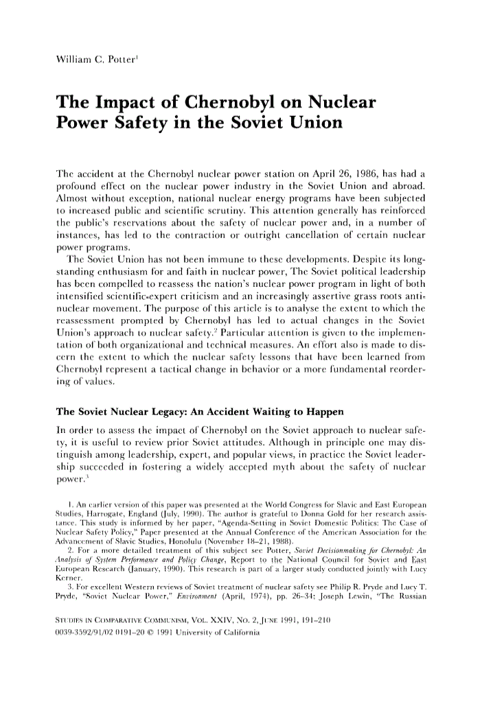 First page of The Impact of Chernobyl on Nuclear Power Safety in the Soviet Union