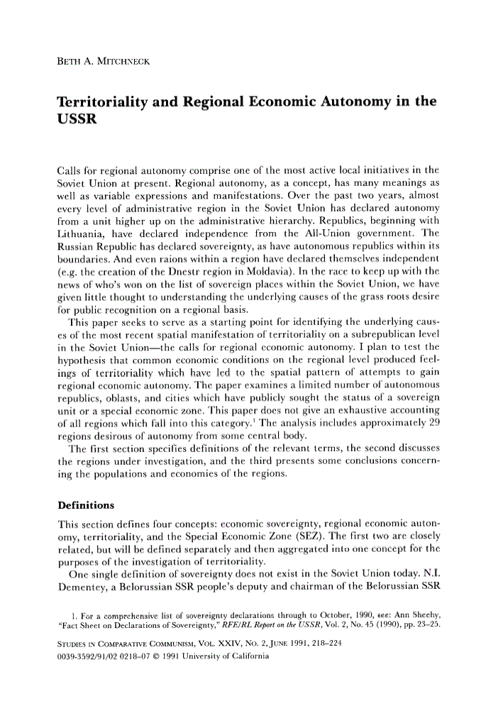 First page of Territoriality and Regional Economic Autonomy in the USSR