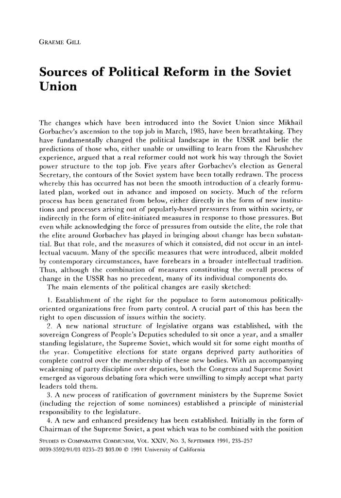 First page of Sources of Political Reform in the Soviet Union