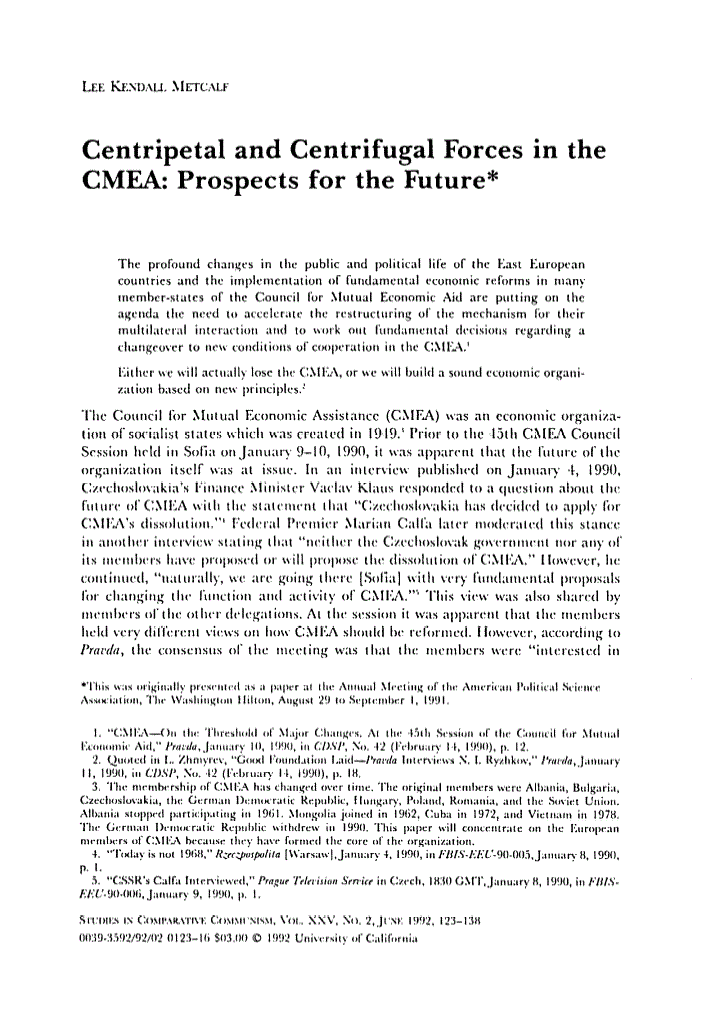 First page of Centripetal and Centrifugal Forces in the CMEA: Prospects for the Future